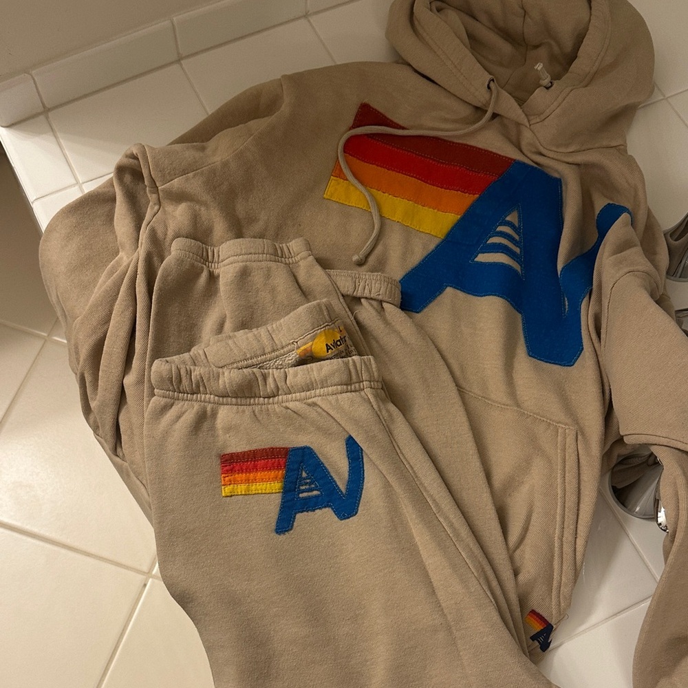 Aviator Nation Tan Hoodie with Rainbow Accents
